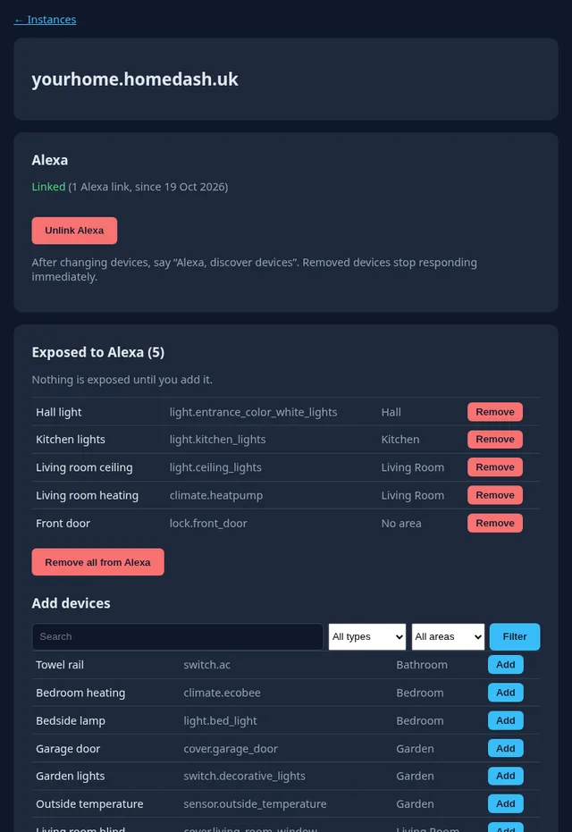 Choosing which devices Alexa can see in a HomeDash account