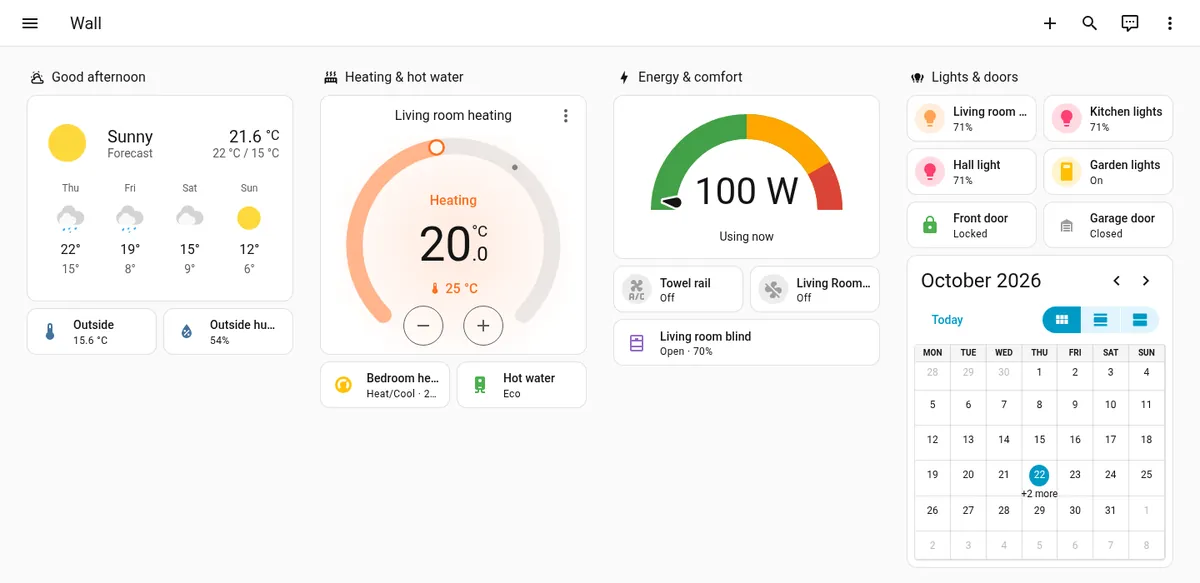 A HomeDash wall dashboard for a kitchen tablet: weather, heating, energy and family calendar