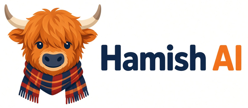 Hamish AI – a highland cow in a tartan scarf